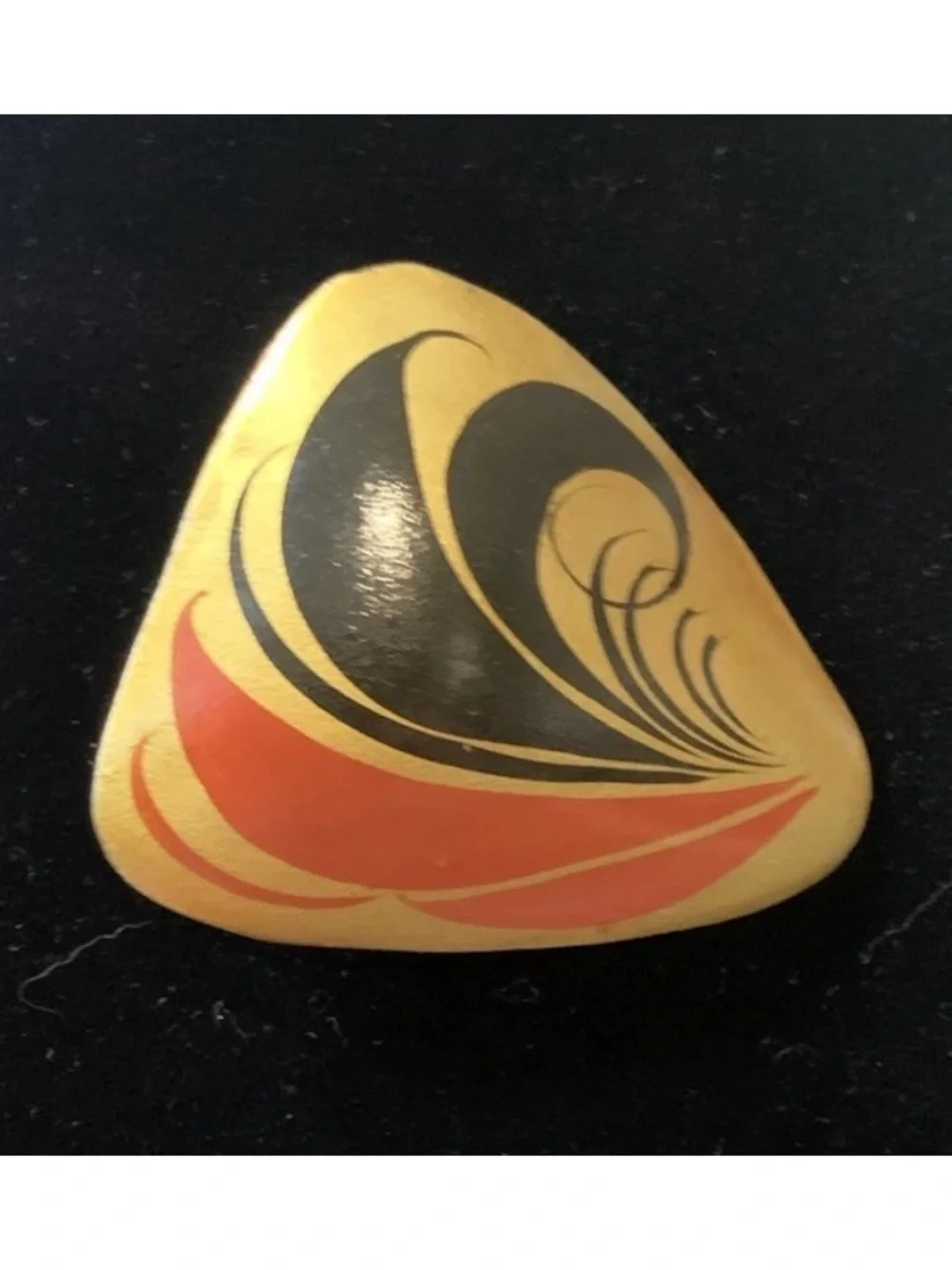 Vintage Folk Art Wooden Triangular Brooch/Pin Made in USSR Gold Red Black